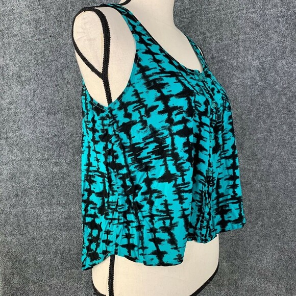 Kirra Full Crop Tank Top Women Medium Silky Button Front Hi-Low Green & Black - Picture 6 of 9